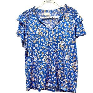 MELLODAY Blue Floral short ruffle sleeves top size L